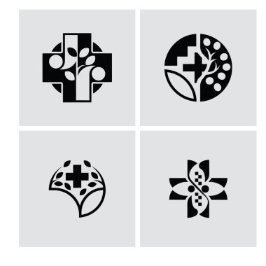 Dört minimalist tasarım, doğal elementlerle bütünleşmiş çapraz semboller sunuyor, sağlık hizmetleri markalaşması için ideal. Bu koleksiyonda tıbbi klinikler, eczaneler veya sağlık merkezleri için çok yönlü logo şablonları bulunmaktadır. Yaprakları, dalları ve yuvarlakları vardır.