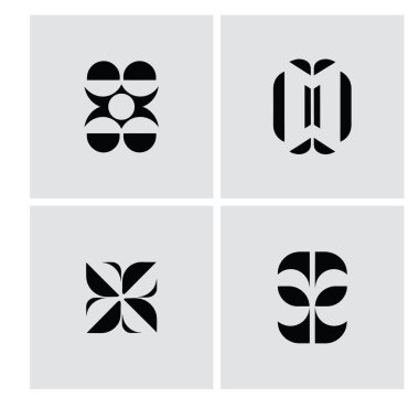 Siyah ve beyaz olarak gelişmiş minimalist geometrik tasarımlar gri arka planda modern bir görüntü oluşturur. Bu vektör dizaynı markalaşma, logolar veya çağdaş grafik kalıplar için ideal basit ve temiz şekiller içerir. Eşsiz biri için mükemmel.