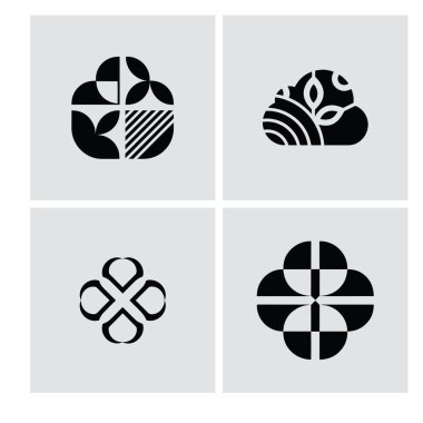 Bu modern minimalist tasarım açık gri arkaplanda siyah ve beyaz geometrik şekillerin bir derlemesini sunar. Daireler, kareler ve stilize yapraklar gibi çeşitli elementler içeren bu çok yönlü vektör illüstrasyonu, 