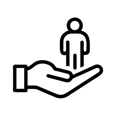 Beyaz arka planda sadeleştirilmiş bir insan figürünü tutan ince bir çizgi simgesi. Yazdırma ve dijital ortam için uygun ölçeklenebilir vektör biçimi.