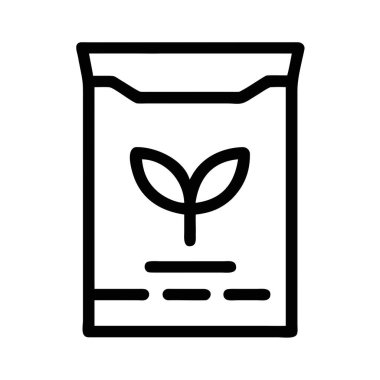 Filiz logosu ve yatay çizgileri olan bir tohum paketinin basit bir beyaz ana hatları simgesi, siyah bir arkaplana karşı ayarlanır.