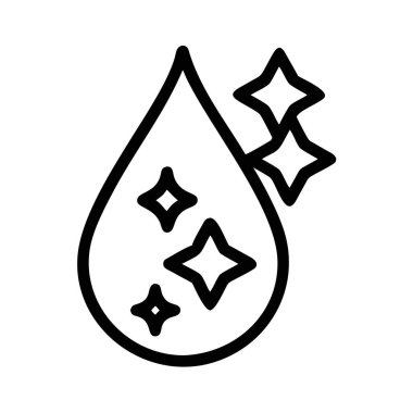 İçinde ve yanında üç parıltılı sembol sıralanmış bir su damlasının koyu gri ana hat simgesi. Yazdırma ve dijital ortam için uygun ölçeklenebilir vektör biçimi.