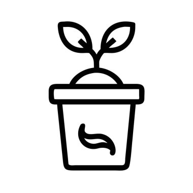 Topraktan çıkan iki yapraklı bir saksı bitkisinin koyu gri çizgisi çizimi. Tencerenin dekoratif bir yaprak motifi var..