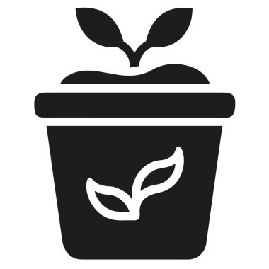 Topraktan çıkan iki yapraklı bir saksı bitkisinin koyu gri silueti. Tencerenin dekoratif bir yaprak motifi var..