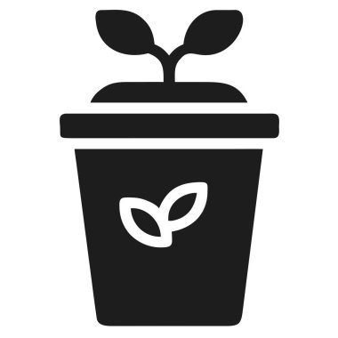 Topraktan çıkan iki yapraklı bir saksı bitkisinin koyu gri silueti. Tencerenin dekoratif bir yaprak motifi var..