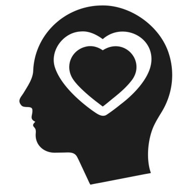 Koyu gri bir siluet. Profilde bir insan kafası. Kafasının içinde siyah bir arka planda kalp şekli var..