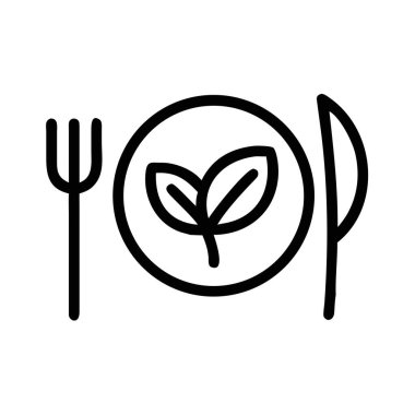Tabakta bir yaprak sembolü bulunan, beyaz bir arka planda çatal ve bıçakla çevrili minimalist bir çizgi sanat ikonu..
