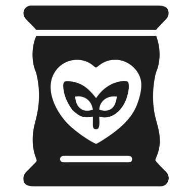 İçinde organik gübre veya tohumları temsil eden bir bitki filizi içeren kalp ikonu olan koyu gri bir torba..