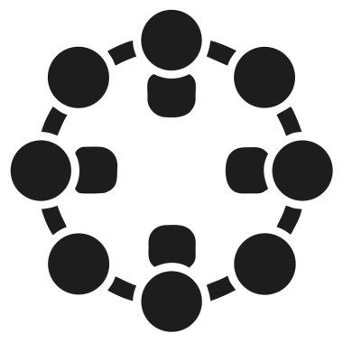 Biçimlendirilmiş insan figürleri ve kare elementlerden oluşan dairesel bir tasarım, işbirliğini, grup dinamiğini ve paylaşılan projeleri sembolize eder.