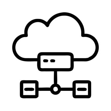 Bir ağ üzerinden iki veri kutusuna bağlı bir bulutu tasvir eden basit bir çizgi resim simgesi. Yazdırma ve dijital ortam için uygun ölçeklenebilir vektör biçimi.