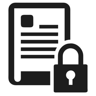 Kapalı asma kilidin yanında metin satırları olan bir belgeyi tasvir eden bir taslak simgesi, güvenlik ve gizlilik.