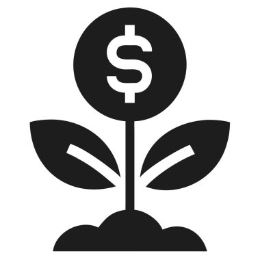 Topraktan büyüyen, bir dolar işareti olan bir bitkiyi beyaz arka planda resmeden bir ikon..