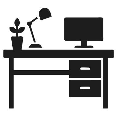 Üzerinde bitki, masa lambası ve siyah arka planda bilgisayar monitörü olan koyu gri bir masa silueti..