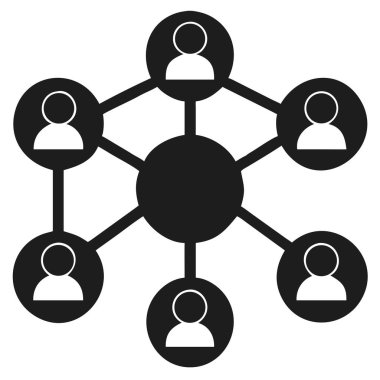 Beyaz arkaplandaki altı kullanıcı simgesine bağlı merkezi merkezli bir sosyal ağı gösteren bir simge.