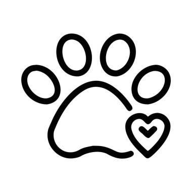 Kırılgan, ince çizgili, beyaz arka planda izole edilmiş, kalbi olan bir pençe izinin siyah simgesi. Yazdırma ve dijital ortam için uygun ölçeklenebilir vektör biçimi.