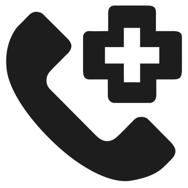 Telefona yerleştirilmiş kırmızı haç sembollü bir telefon alıcısı tasvir eden siyah bir ikon, tıbbi acil durum iletişimini temsil ediyor..