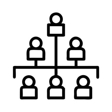 Birbirine bağlı insan figürleriyle bir organizasyonel tabloyu temsil eden basit bir çizgi sanat simgesi siyah bir arkaplanda görüntülenir.