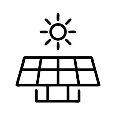 Üzerinde güneş olan bir güneş paneli beyaz bir arkaplanda sunulan minimalist bir taslak simgesi.