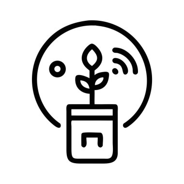 Basit bir taslak ikonu, üzerinde kablosuz sinyal sembolü olan bir saksının içinde büyüyen bir bitkiyi tasvir eder. Yazdırma ve dijital ortam için uygun ölçeklenebilir vektör biçimi.