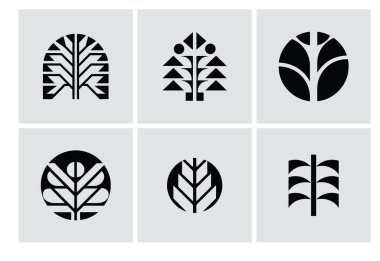 Açık gri arkaplan üzerinde şekillendirilmiş ağaç ve bitkileri betimleyen altı soyut siyah simge koleksiyonu.
