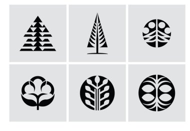 Altı soyut siyah ağaç ve bitki sembolü içeren vektör tasarımı. Çeşitli uygulamalar için uygun ölçeklenebilir tasarım.