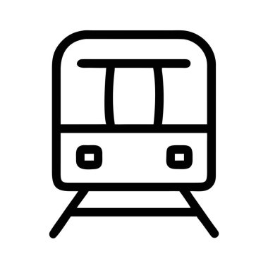 Siyah bir arka planda trenin ön tarafını tasvir eden minimalist bir sanat simgesi. Yazdırma ve dijital ortam için uygun ölçeklenebilir vektör biçimi.