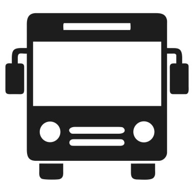 Bir otobüsün basit siyah simgesi beyaz arkaplanda önden gösterilir. Grafik bir siluet..