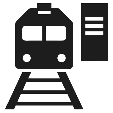 Koyu siyah bir ikon, arka planda bir platformda bir treni gösteriyor. Yazdırma ve dijital ortam için uygun ölçeklenebilir vektör biçimi.