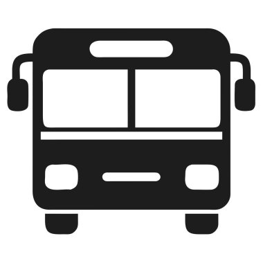 Önden görülen koyu gri bir otobüs simgesi, siyah bir arkaplan üzerine kurulmuş. Yazdırma ve dijital ortam için uygun ölçeklenebilir vektör biçimi.