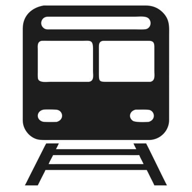 Önden görülen bir trenin koyu gri simgesi, tren raylarının üzerinde, siyah bir arkaplanda..