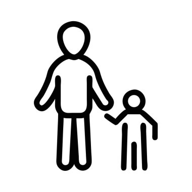 Daha küçük bir çocuk figürünün yanında duran yetişkin bir figürün taslak simgesi, her ikisi de el ele tutuşuyor. Yazdırma ve dijital ortam için uygun ölçeklenebilir vektör biçimi.