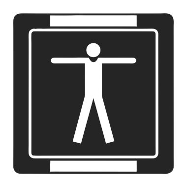 Koyu gri kare çerçeve, kolları açık, erişilebilirliği ve dahil edilmeyi sembolize eden siyah bir siluet içerir..