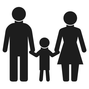 Siyah bir siluet simgesi. Bir adam ve bir kadın bir çocuğun elini tutuyor, bir aile birimini temsil ediyor. Yazdırma ve dijital ortam için uygun ölçeklenebilir vektör biçimi.