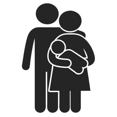 Koyu gri bir ikon geleneksel bir aile birliğini temsil eden bir baba, anne ve bebeği gösteriyor. Yazdırma ve dijital ortam için uygun ölçeklenebilir vektör biçimi.