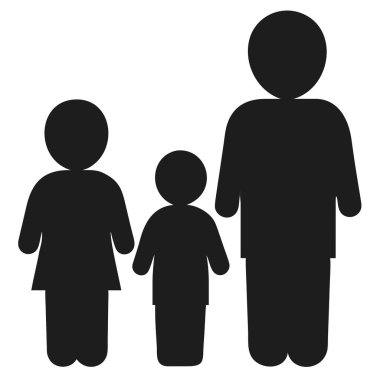 Siyah bir siluet simgesi. Bir adam ve bir kadın, bir aile birimini temsil eden bir çocuğun her iki yanında duruyorlar..