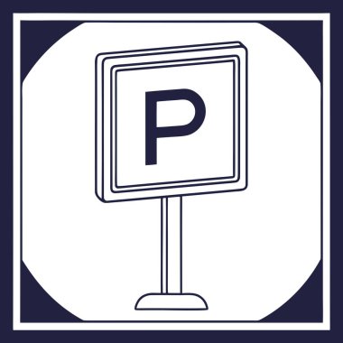 Bir direğin üzerine P harfi asılmış bir park işaretinin koyu çizgisi. Yazdırma ve dijital ortam için uygun ölçeklenebilir vektör biçimi.