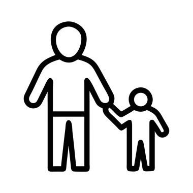 Küçük bir çocuk figürüyle yürüyen, el ele tutuşan yetişkin bir figürün çizgisi. Yazdırma ve dijital ortam için uygun ölçeklenebilir vektör biçimi.