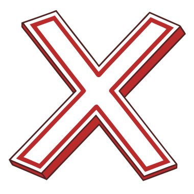 Katı bir siyah arkaplana karşı 3D efektli koyu kırmızı ve beyaz bir X sembolü gösterilir. Yazdırma ve dijital ortam için uygun ölçeklenebilir vektör biçimi.