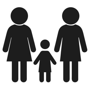 Bir aile birimini temsil eden, bir çocuğun her iki yanında duran iki kadının siyah silueti..