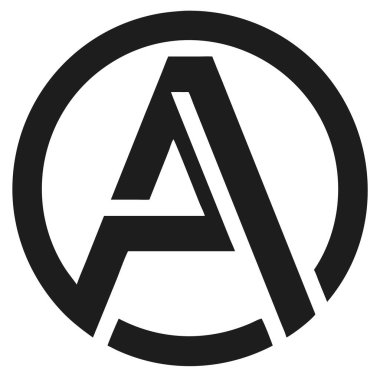 Beyaz arkaplanda daire şeklinde bir grafik sembolü olan siyah A harfi. Basit, cesur bir tasarım..