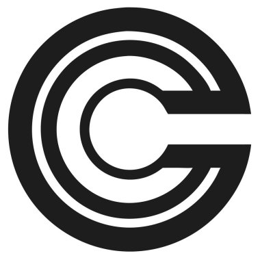 Çember içinde soyut bir C harfi içeren siyah ve beyaz grafik tasarım öğesi. Minimalist stil, temiz hatlar ve kalın şekiller..