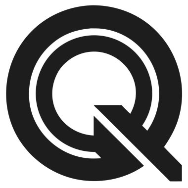 Beyaz zemin üzerinde ok grafik elementi olan daire şeklinde bir Q harfi. Basit, minimalist tasarım.