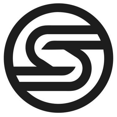 Beyaz arka planda soyut logo şeklinde siyah S harfi. Yuvarlak geometrik çizgileri olan minimalist tasarım.