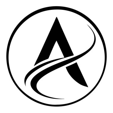 Siyah A harfi çemberin içinde beyaz arkaplan üzerinde çizgi elementler var. Basit ve minimalist logo tasarımı.