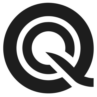 Beyaz bir arkaplanda daire şeklindeki siyah Q sembolü. Kalın çizgileri ve basit estetiği olan minimalist grafik tasarımı.