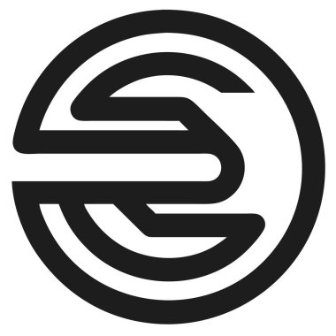 Beyaz arka planda soyut bir harf ve şekil içeren siyah dairesel bir logo. Minimalist ve geometrik tasarım.