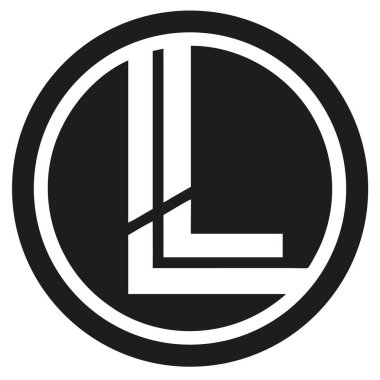 Beyaz L harfli siyah dairesel logo ve harfi kesen çapraz çizgi. Beyaz arka planda temiz ve minimalist tasarım.