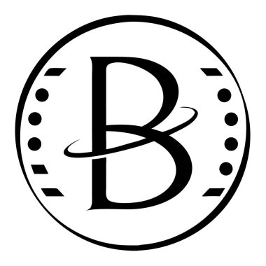 Siyah noktalar ve çizgilerle beyaz bir dairede siyah B harfi logosu. Vektör grafiği.