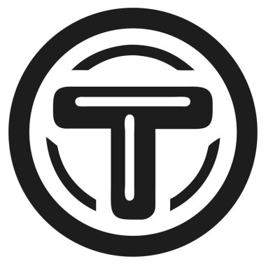 Beyaz zemin üzerinde dairesel çerçeve grafik tasarım elemanı içinde siyah T harfi. Basit, minimalist stil.