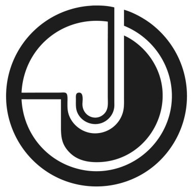 Beyaz arka planda soyut J harfi dizaynlı siyah dairesel logo. Basit, minimalist stil ve kalın çizgiler.